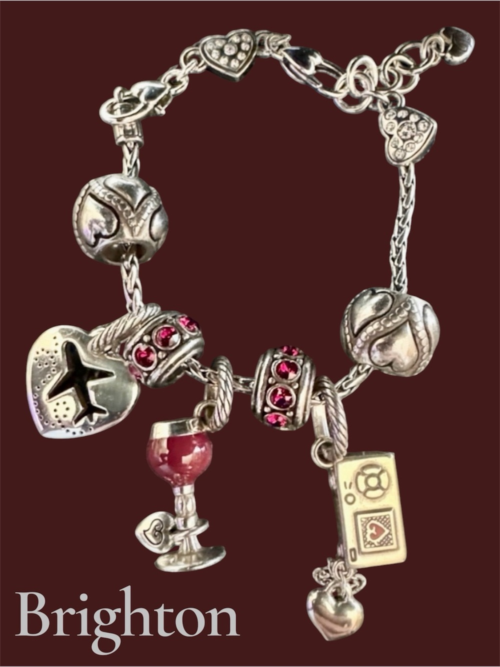 Brighton Bracelet-Burgundy Wine, Camera, Airplane Charm, Spacers & Glitz Beads